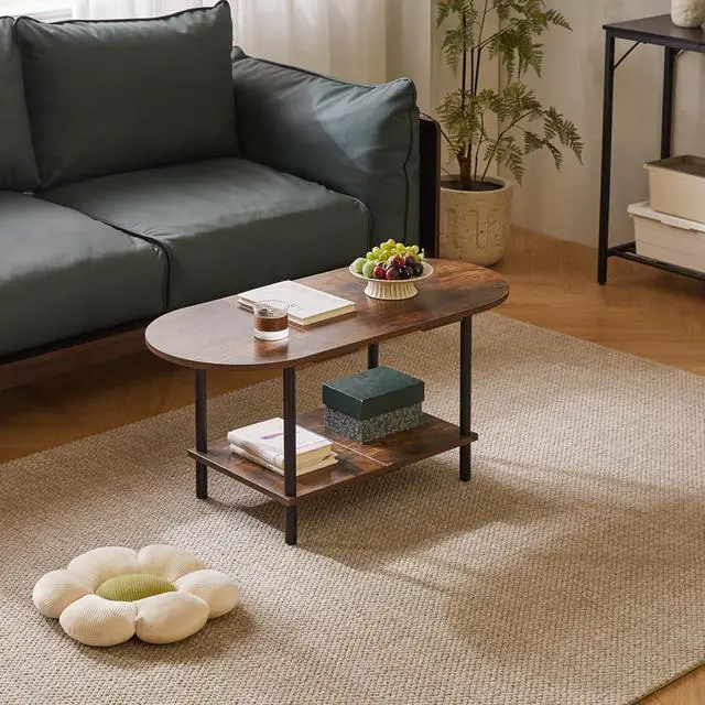 Alt view image 4 of 6 - Rustic Coffee Table Splicing Design, TV Centre Table Stand 35 * 16 * 17", 2-Tier Oval Wood Tea Table for Living Room Apartment Rustic Brown YD-011H