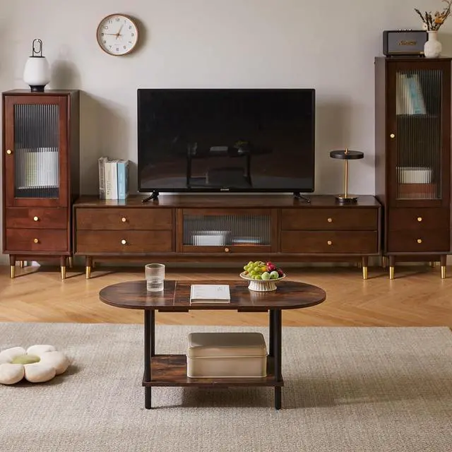 Alt view image 5 of 6 - Rustic Coffee Table Splicing Design, TV Centre Table Stand 35 * 16 * 17", 2-Tier Oval Wood Tea Table for Living Room Apartment Rustic Brown YD-011H