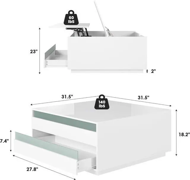 Alt view image 2 of 7 - High Gloss Coffee Table with Storage,White Square Lift Top Coffee Tables with LED & Flip Lid, Small Modern Coffee Table for Living Room with Drawer
