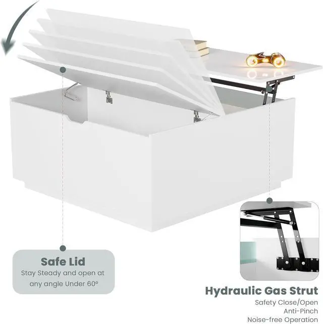 Alt view image 5 of 7 - High Gloss Coffee Table with Storage,White Square Lift Top Coffee Tables with LED & Flip Lid, Small Modern Coffee Table for Living Room with Drawer