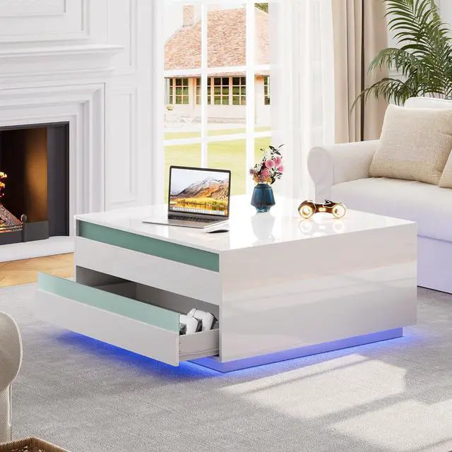 Alt view image 6 of 7 - High Gloss Coffee Table with Storage,White Square Lift Top Coffee Tables with LED & Flip Lid, Small Modern Coffee Table for Living Room with Drawer