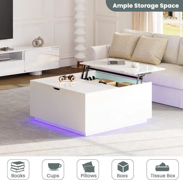 Alt view image 7 of 7 - High Gloss Coffee Table with Storage,White Square Lift Top Coffee Tables with LED & Flip Lid, Small Modern Coffee Table for Living Room with Drawer