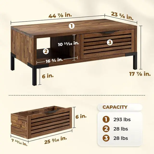 Alt view image 2 of 7 - Bme Millie Solid Wood Coffee Tables, Industrial Modern Living Room Center Desk with 2 Storage Drawers & Assembly Under 5 Minutes, Rustic Chestnut