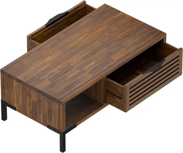 Alt view image 3 of 7 - Bme Millie Solid Wood Coffee Tables, Industrial Modern Living Room Center Desk with 2 Storage Drawers & Assembly Under 5 Minutes, Rustic Chestnut