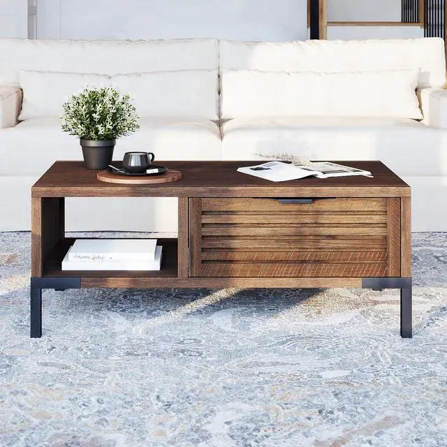 Alt view image 6 of 7 - Bme Millie Solid Wood Coffee Tables, Industrial Modern Living Room Center Desk with 2 Storage Drawers & Assembly Under 5 Minutes, Rustic Chestnut