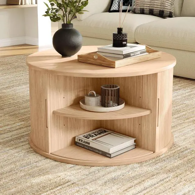 Alt view image 2 of 7 - LINSY HOME Round Coffee Table, 31.5" Drum Coffee Table with Sliding Tambour Door, Fluted Accent Center Table with Storage, Mid Century Modern Coffee Table for Living Room, Oak
