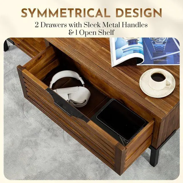 Alt view image 5 of 7 - Bme Millie Solid Wood Coffee Tables, Industrial Modern Living Room Center Desk with 2 Storage Drawers & Assembly Under 5 Minutes, Rustic Chestnut
