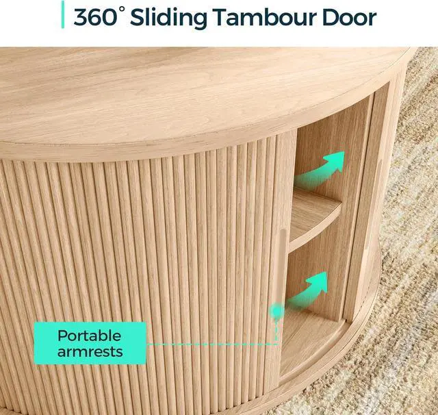 Alt view image 5 of 7 - LINSY HOME Round Coffee Table, 31.5" Drum Coffee Table with Sliding Tambour Door, Fluted Accent Center Table with Storage, Mid Century Modern Coffee Table for Living Room, Oak