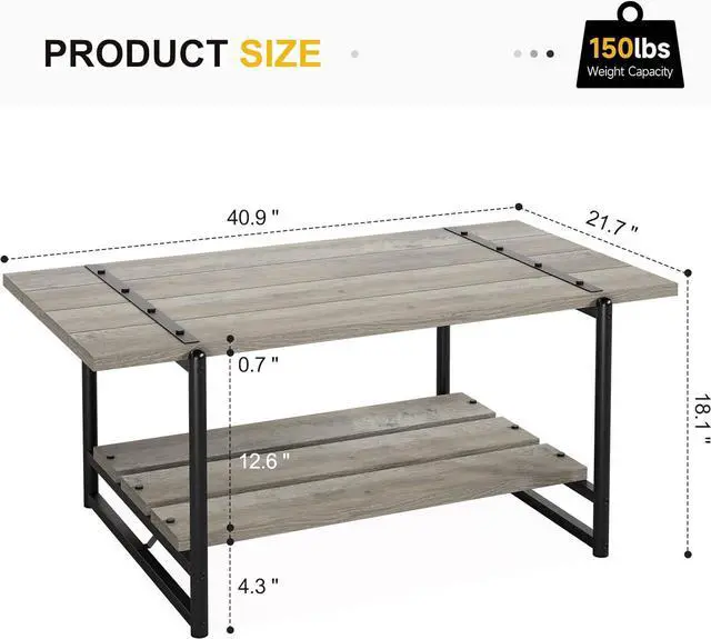 Alt view image 2 of 7 - 2-Tier Farmhouse 41'' Large Gray Wood Coffee Table with Storage Shelf -Modern Rustic Metal Rectangle Center Living Room Coffee Table Accent Furniture for Home Office,Easy Assembly(Grey)