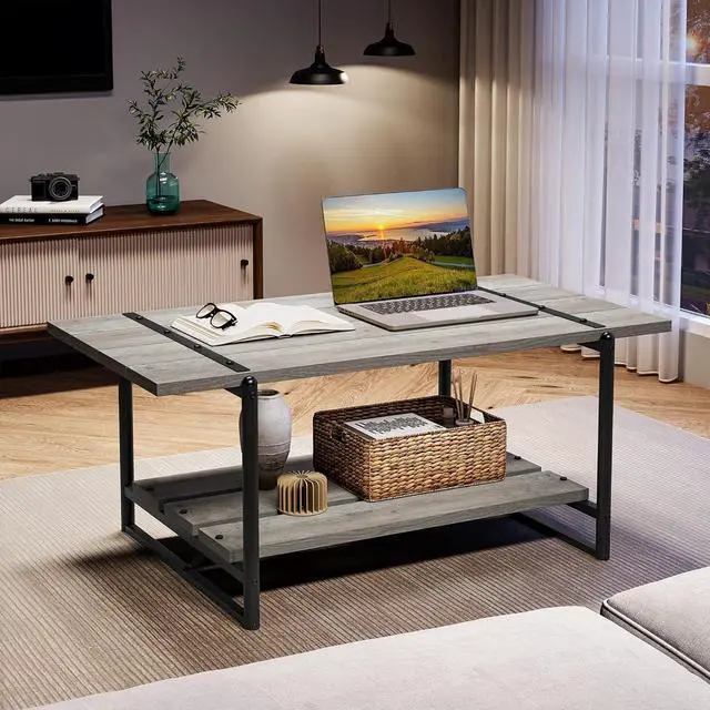 Alt view image 3 of 7 - 2-Tier Farmhouse 41'' Large Gray Wood Coffee Table with Storage Shelf -Modern Rustic Metal Rectangle Center Living Room Coffee Table Accent Furniture for Home Office,Easy Assembly(Grey)