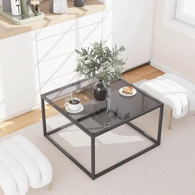 Main image of YMYNY Glass Coffee Table, Tempered Glass Square Coffee Tables with Metal Frame, Unique Modern Table for Living Room Home Office 26.77" x 26.77" x 15.75", Black Grey, UHCT001H