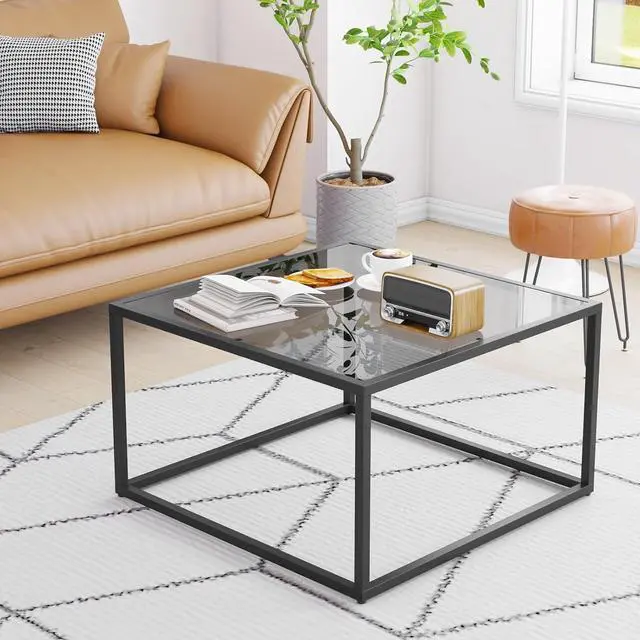 Alt view image 3 of 7 - YMYNY Glass Coffee Table, Tempered Glass Square Coffee Tables with Metal Frame, Unique Modern Table for Living Room Home Office 26.77" x 26.77" x 15.75", Black Grey, UHCT001H