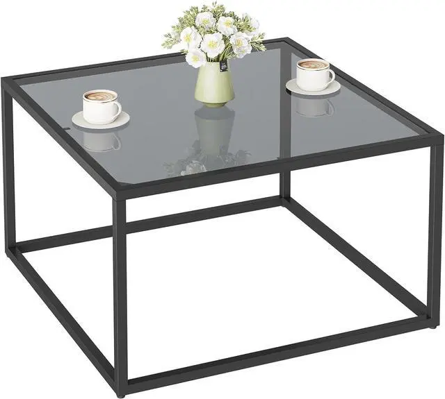 Alt view image 4 of 7 - YMYNY Glass Coffee Table, Tempered Glass Square Coffee Tables with Metal Frame, Unique Modern Table for Living Room Home Office 26.77" x 26.77" x 15.75", Black Grey, UHCT001H