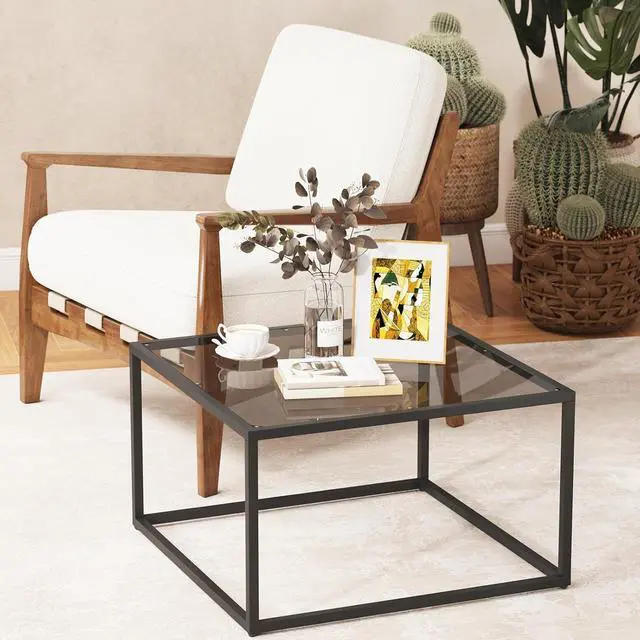 Alt view image 5 of 7 - YMYNY Glass Coffee Table, Tempered Glass Square Coffee Tables with Metal Frame, Unique Modern Table for Living Room Home Office 26.77" x 26.77" x 15.75", Black Grey, UHCT001H