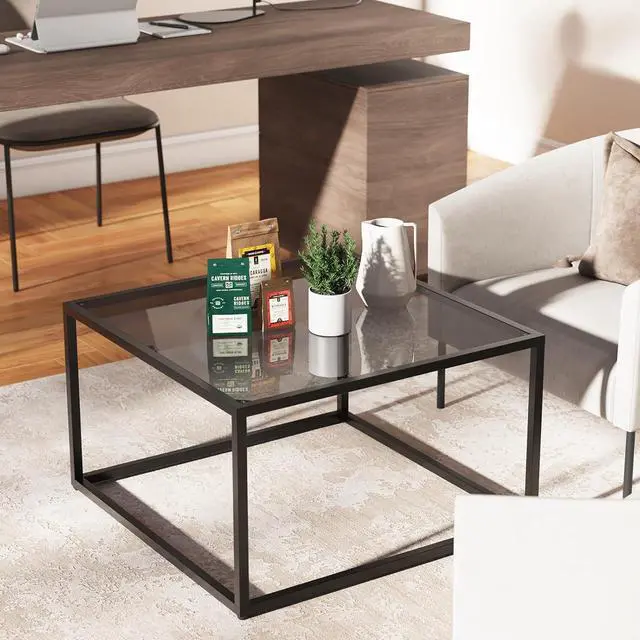 Alt view image 6 of 7 - YMYNY Glass Coffee Table, Tempered Glass Square Coffee Tables with Metal Frame, Unique Modern Table for Living Room Home Office 26.77" x 26.77" x 15.75", Black Grey, UHCT001H