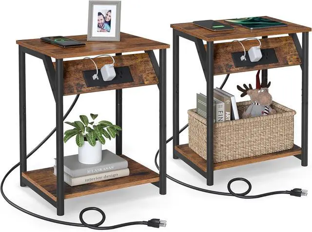 Main image of VASAGLE End Table with Charging Station, Set of 2, Small Side Tables for Living Room, Bedroom, Nightstand with Outlets and USB Ports, Bedside Table with Storage Shelf, Rustic Brown and Black