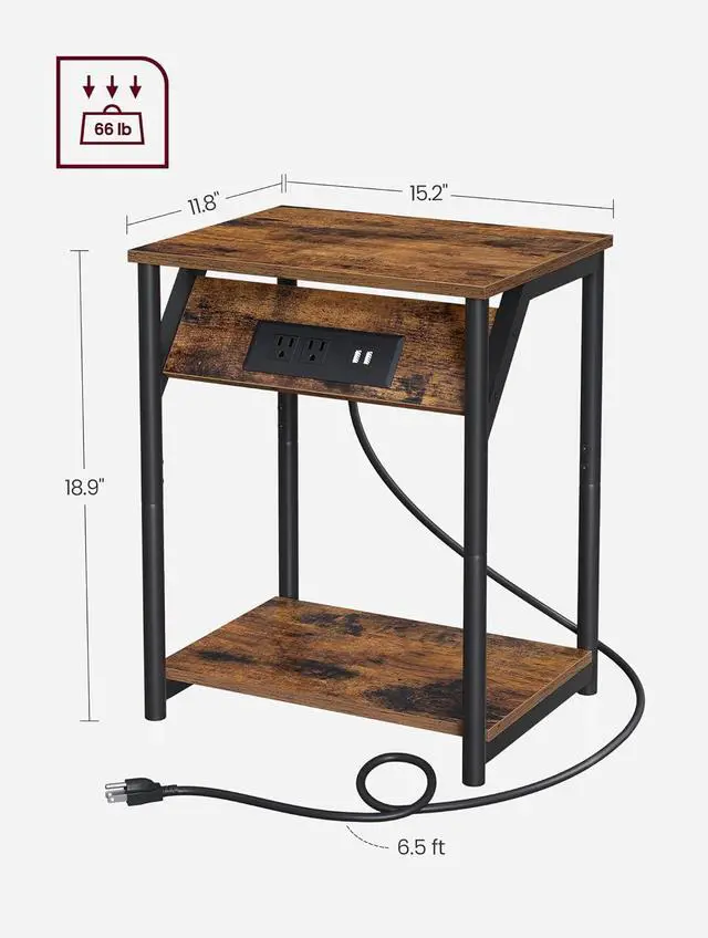 Alt view image 2 of 7 - VASAGLE End Table with Charging Station, Set of 2, Small Side Tables for Living Room, Bedroom, Nightstand with Outlets and USB Ports, Bedside Table with Storage Shelf, Rustic Brown and Black
