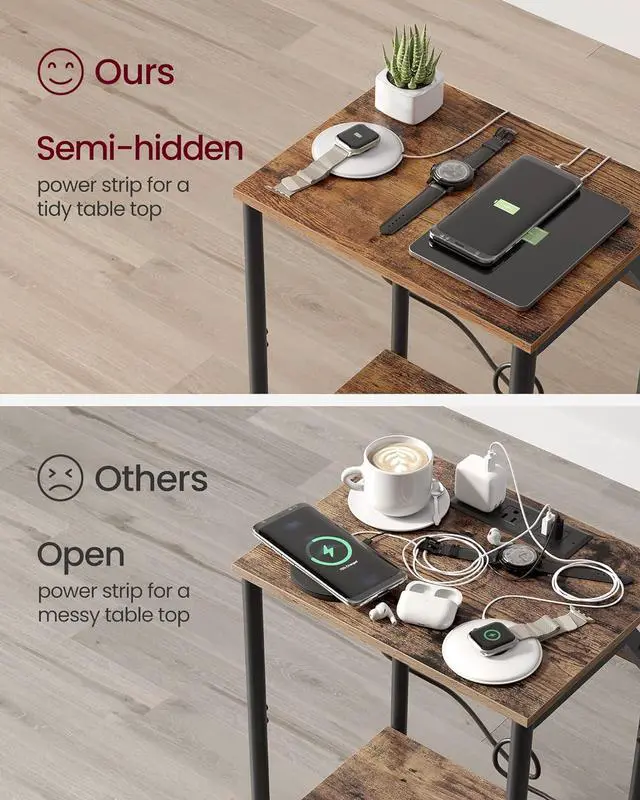 Alt view image 5 of 7 - VASAGLE End Table with Charging Station, Set of 2, Small Side Tables for Living Room, Bedroom, Nightstand with Outlets and USB Ports, Bedside Table with Storage Shelf, Rustic Brown and Black