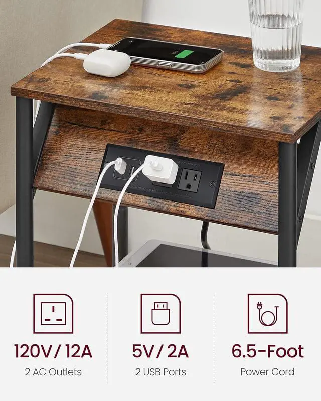 Alt view image 4 of 7 - VASAGLE End Table with Charging Station, Set of 2, Small Side Tables for Living Room, Bedroom, Nightstand with Outlets and USB Ports, Bedside Table with Storage Shelf, Rustic Brown and Black