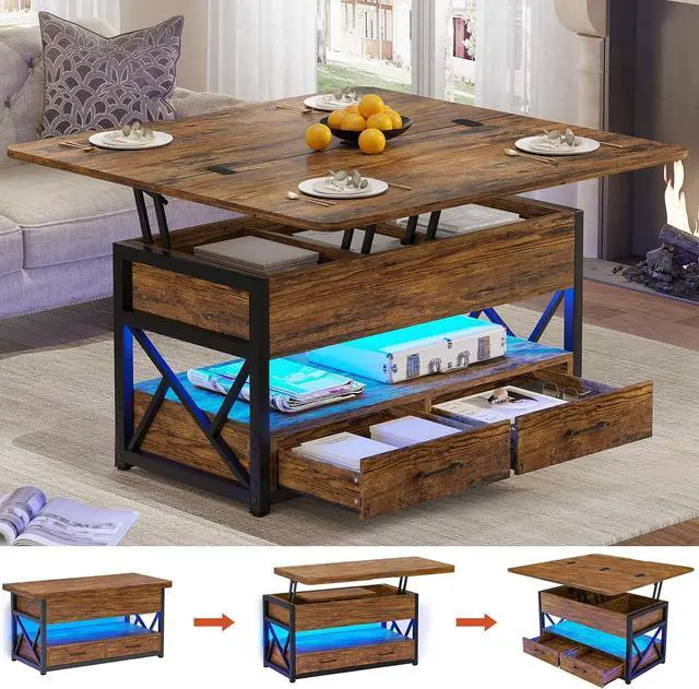 Main image of Itaar 40" Lift Top Coffee Table, 4 in 1 Coffee Tables with Storage for Living Room, Small Farmhouse Coffee Table with 2 Drawers & LED Light for Dining Reception Room, Rustic Brown