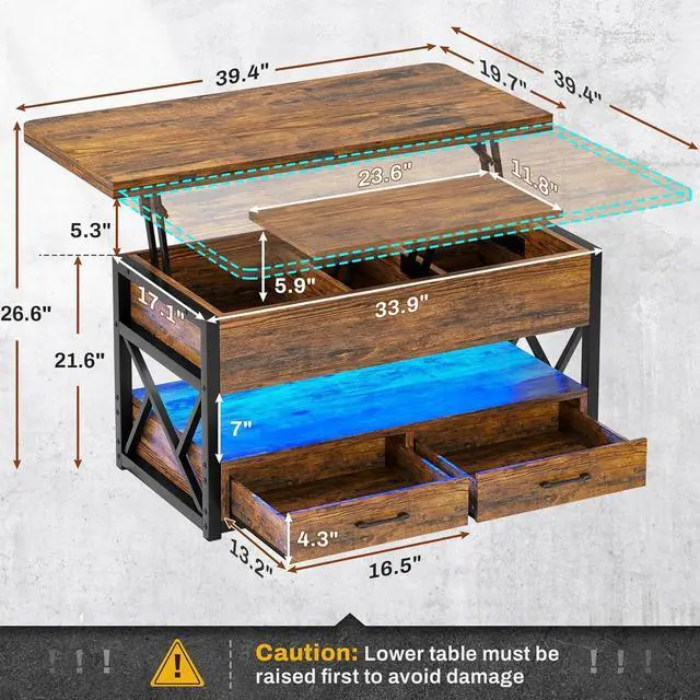 Alt view image 2 of 7 - Itaar 40" Lift Top Coffee Table, 4 in 1 Coffee Tables with Storage for Living Room, Small Farmhouse Coffee Table with 2 Drawers & LED Light for Dining Reception Room, Rustic Brown