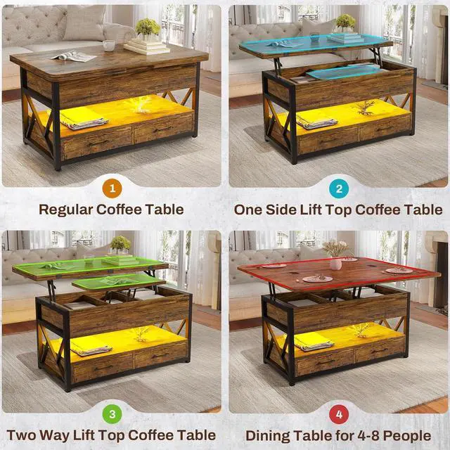 Alt view image 3 of 7 - Itaar 40" Lift Top Coffee Table, 4 in 1 Coffee Tables with Storage for Living Room, Small Farmhouse Coffee Table with 2 Drawers & LED Light for Dining Reception Room, Rustic Brown