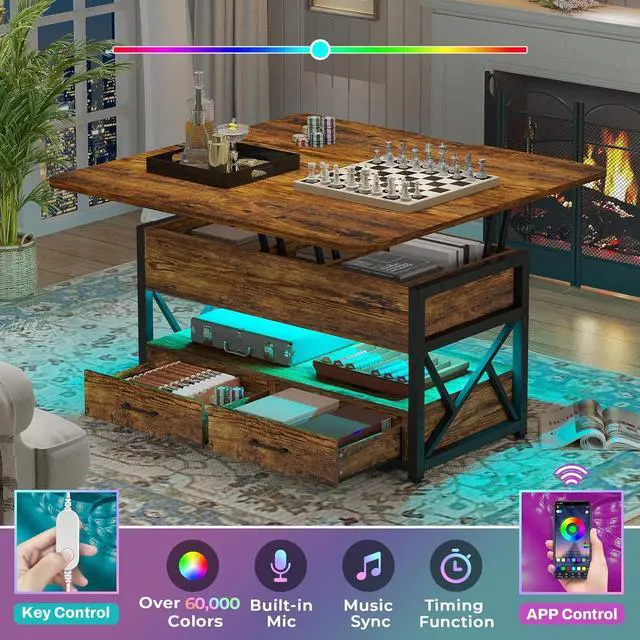 Alt view image 5 of 7 - Itaar 40" Lift Top Coffee Table, 4 in 1 Coffee Tables with Storage for Living Room, Small Farmhouse Coffee Table with 2 Drawers & LED Light for Dining Reception Room, Rustic Brown