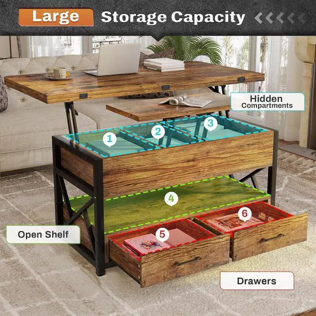 Alt view image 6 of 7 - Itaar 40" Lift Top Coffee Table, 4 in 1 Coffee Tables with Storage for Living Room, Small Farmhouse Coffee Table with 2 Drawers & LED Light for Dining Reception Room, Rustic Brown