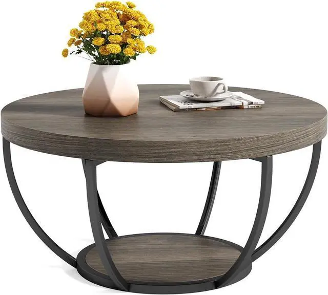 Main image of LITTLE TREE Round Coffee Table, 32" Circle Coffee Table for Living Room, 2-Tier Wood Accent Center Table with Open Storage Industrial Design Home Furniture (Grey and Black)