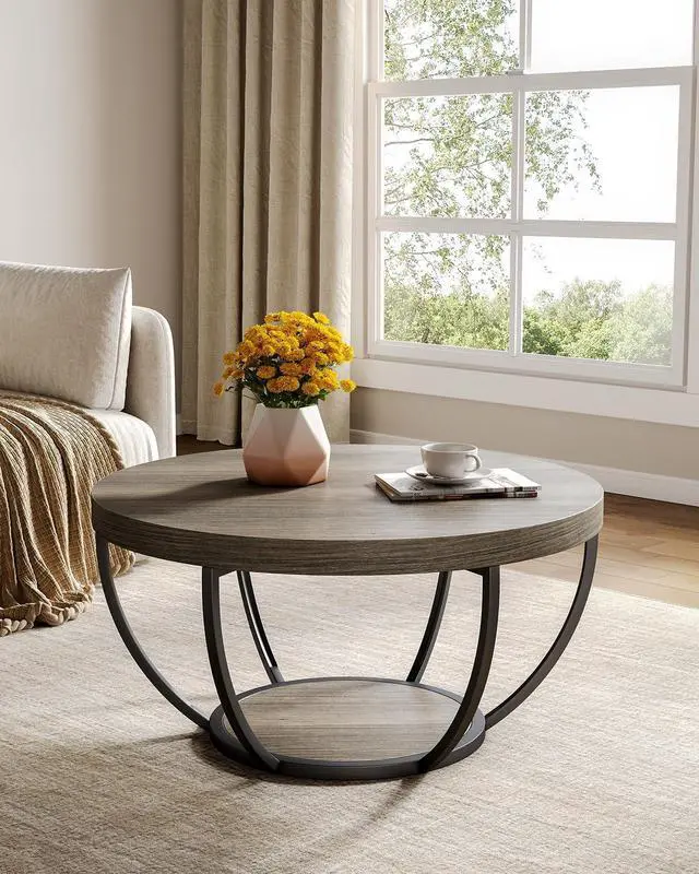 Alt view image 2 of 7 - LITTLE TREE Round Coffee Table, 32" Circle Coffee Table for Living Room, 2-Tier Wood Accent Center Table with Open Storage Industrial Design Home Furniture (Grey and Black)