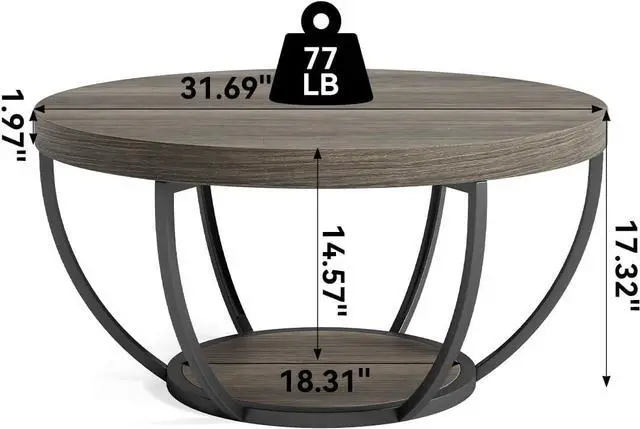 Alt view image 3 of 7 - LITTLE TREE Round Coffee Table, 32" Circle Coffee Table for Living Room, 2-Tier Wood Accent Center Table with Open Storage Industrial Design Home Furniture (Grey and Black)