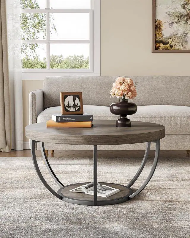 Alt view image 5 of 7 - LITTLE TREE Round Coffee Table, 32" Circle Coffee Table for Living Room, 2-Tier Wood Accent Center Table with Open Storage Industrial Design Home Furniture (Grey and Black)