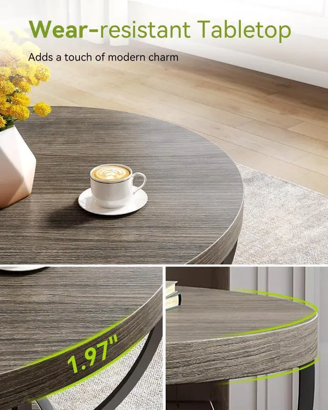 Alt view image 6 of 7 - LITTLE TREE Round Coffee Table, 32" Circle Coffee Table for Living Room, 2-Tier Wood Accent Center Table with Open Storage Industrial Design Home Furniture (Grey and Black)