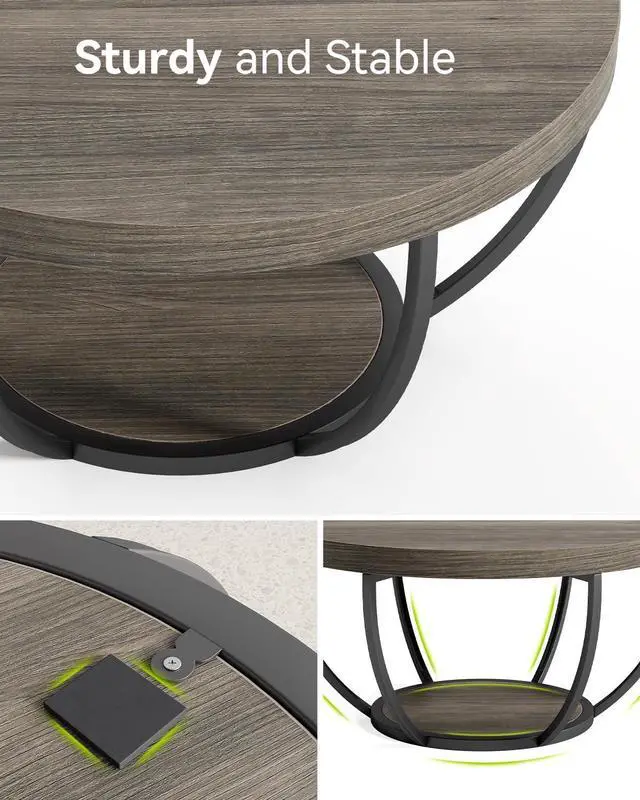 Alt view image 7 of 7 - LITTLE TREE Round Coffee Table, 32" Circle Coffee Table for Living Room, 2-Tier Wood Accent Center Table with Open Storage Industrial Design Home Furniture (Grey and Black)