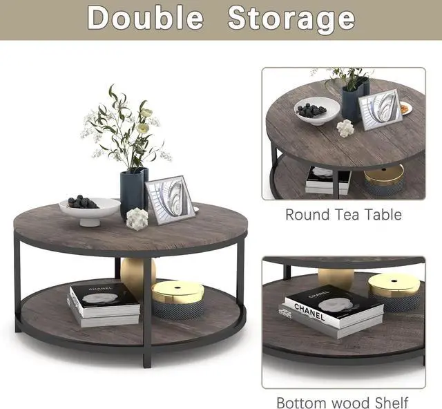 Alt view image 6 of 7 - NSdirect Round Coffee Table,36" Coffee Table for Living Room,2-Tier Rustic Wood Desktop with Storage Shelf Modern Design Home Furniture(Light Walnut)