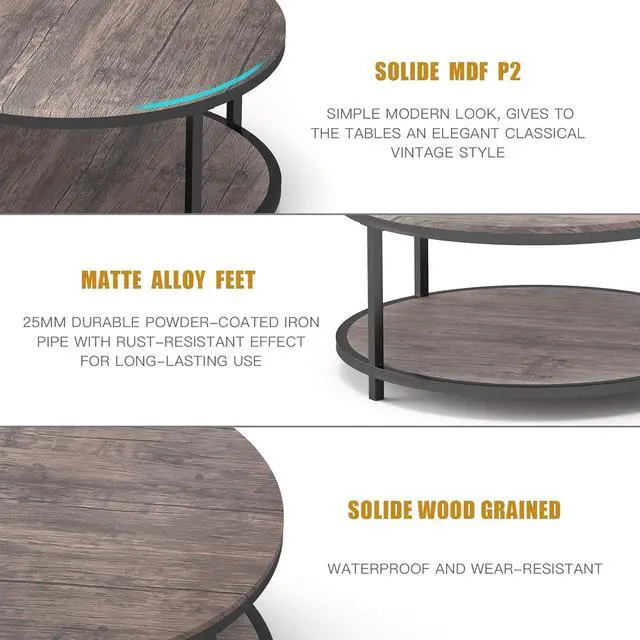 Alt view image 7 of 7 - NSdirect Round Coffee Table,36" Coffee Table for Living Room,2-Tier Rustic Wood Desktop with Storage Shelf Modern Design Home Furniture(Light Walnut)