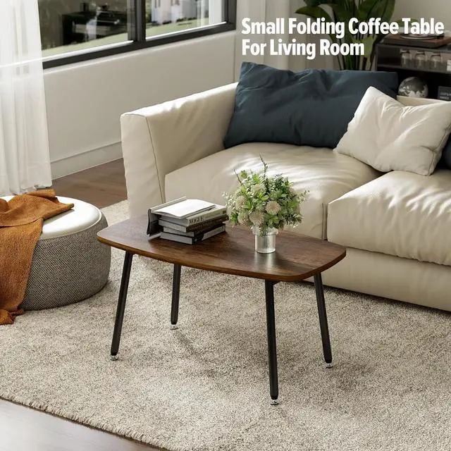Alt view image 4 of 7 - WOHOMO Folding Coffee Table Rustic Small Coffee Tables for Living Room Farmhouse Portable Table for Small Spaces Rectangular Mid Century Coffee Table, No Assembly 31.5 * 15.7 * 17.7IN, Walnut