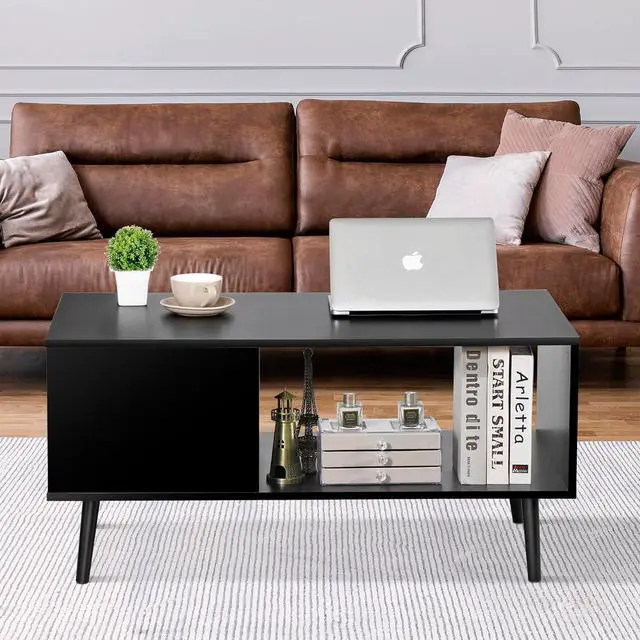Alt view image 2 of 6 - SUPER DEAL 2 Tier Coffee Table for Living Room, 40 Inch Rectangle Accent Center Table with Open Storage Shelf Retro Modern Sofa Side Table for Bedroom Apartment Small Spaces, Black