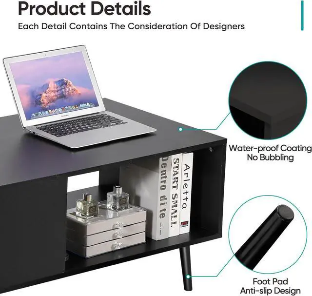 Alt view image 5 of 6 - SUPER DEAL 2 Tier Coffee Table for Living Room, 40 Inch Rectangle Accent Center Table with Open Storage Shelf Retro Modern Sofa Side Table for Bedroom Apartment Small Spaces, Black