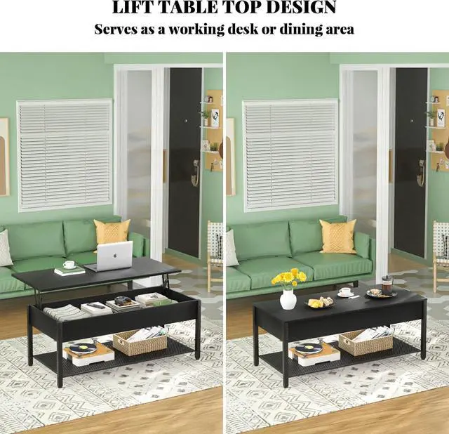 Alt view image 5 of 7 - Homieasy Coffee Table, Lift Top Coffee Table with Storage Shelf and Hidden Compartment, Modern Lift Top Table for Living Room, Wood Lift Tabletop, Metal Frame - Black