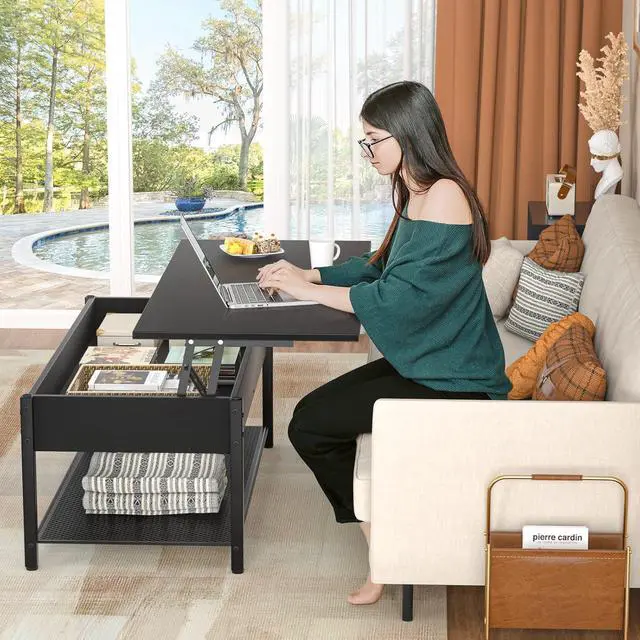 Alt view image 7 of 7 - Homieasy Coffee Table, Lift Top Coffee Table with Storage Shelf and Hidden Compartment, Modern Lift Top Table for Living Room, Wood Lift Tabletop, Metal Frame - Black