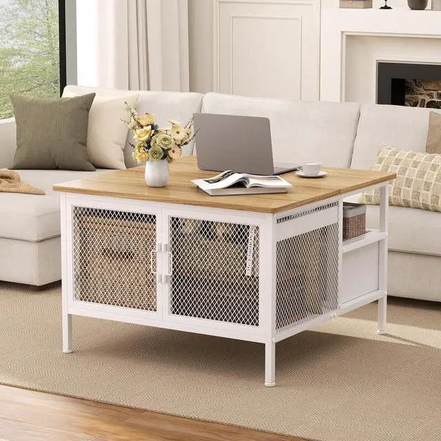 Alt view image 3 of 7 - FABATO Lift Top Coffee Table, Square Coffee Table Metal Wood, Farmhouse Lift Up Coffee Tables Cocktail Table with Wire Mesh Barn Door and Storage, Steel Frame, Small Tea Tables for Living Room, White