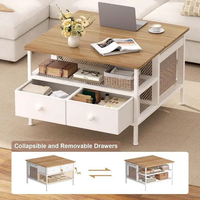 Alt view image 4 of 7 - FABATO Lift Top Coffee Table, Square Coffee Table Metal Wood, Farmhouse Lift Up Coffee Tables Cocktail Table with Wire Mesh Barn Door and Storage, Steel Frame, Small Tea Tables for Living Room, White