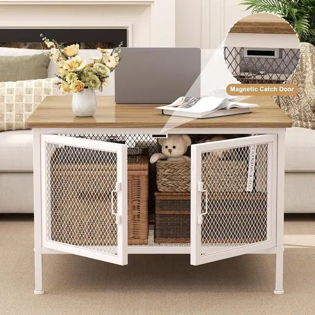 Alt view image 6 of 7 - FABATO Lift Top Coffee Table, Square Coffee Table Metal Wood, Farmhouse Lift Up Coffee Tables Cocktail Table with Wire Mesh Barn Door and Storage, Steel Frame, Small Tea Tables for Living Room, White