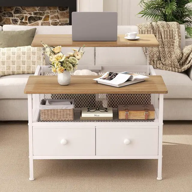 Alt view image 7 of 7 - FABATO Lift Top Coffee Table, Square Coffee Table Metal Wood, Farmhouse Lift Up Coffee Tables Cocktail Table with Wire Mesh Barn Door and Storage, Steel Frame, Small Tea Tables for Living Room, White