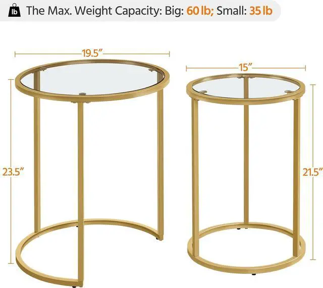 Alt view image 3 of 7 - Yaheetech Round Nesting Side Table Stacking Coffee Table, Set of 2 Circular End Tables w/Metal Frame & Tempered Glass Top & Protective Foot Pads for Small Space Living Room Office, Mustard Gold