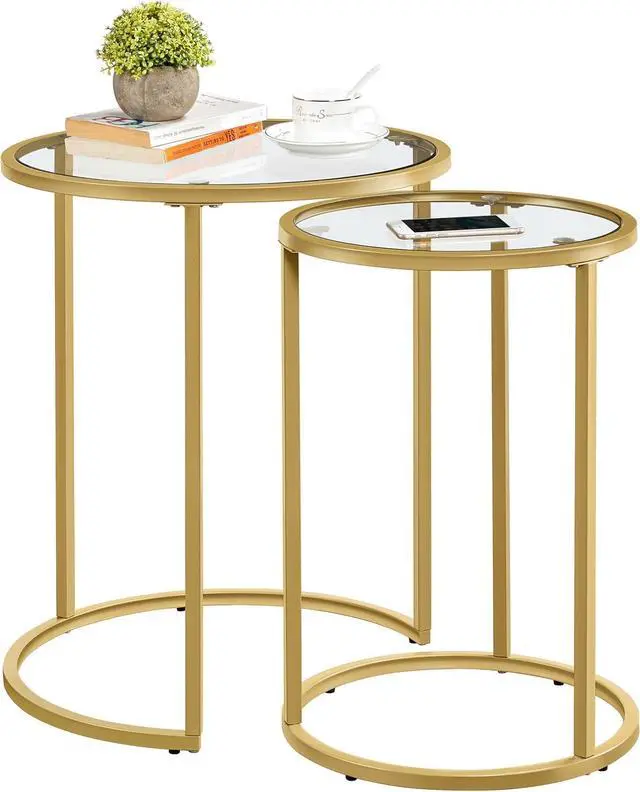 Main image of Yaheetech Round Nesting Side Table Stacking Coffee Table, Set of 2 Circular End Tables w/Metal Frame & Tempered Glass Top & Protective Foot Pads for Small Space Living Room Office, Mustard Gold