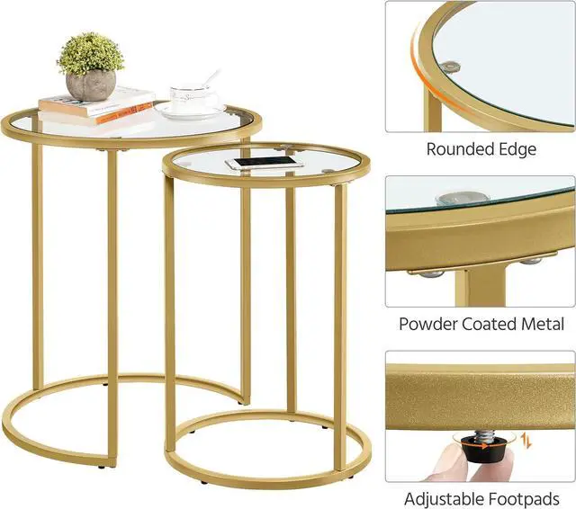 Alt view image 6 of 7 - Yaheetech Round Nesting Side Table Stacking Coffee Table, Set of 2 Circular End Tables w/Metal Frame & Tempered Glass Top & Protective Foot Pads for Small Space Living Room Office, Mustard Gold