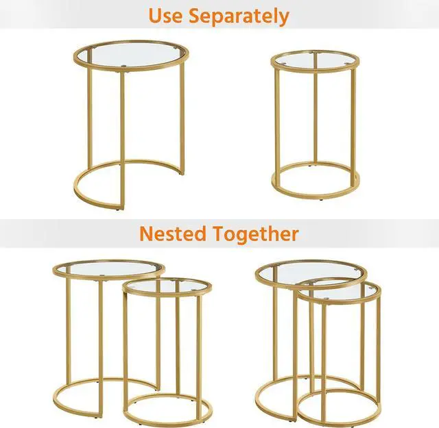 Alt view image 7 of 7 - Yaheetech Round Nesting Side Table Stacking Coffee Table, Set of 2 Circular End Tables w/Metal Frame & Tempered Glass Top & Protective Foot Pads for Small Space Living Room Office, Mustard Gold