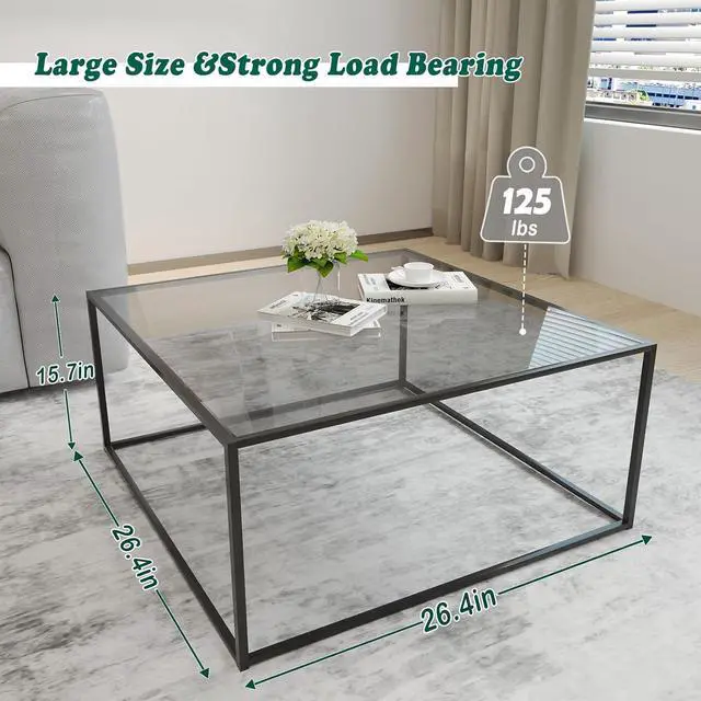 Alt view image 2 of 7 - Glass Coffee Tables for Living Room Square Modern Center Table for Small Space,Tempered Glass-top with Sturdy Metal Frame Sofa Side End Table, Easy Assembly,26.4 x 26.4 x 15.7 Inches, Gray Black